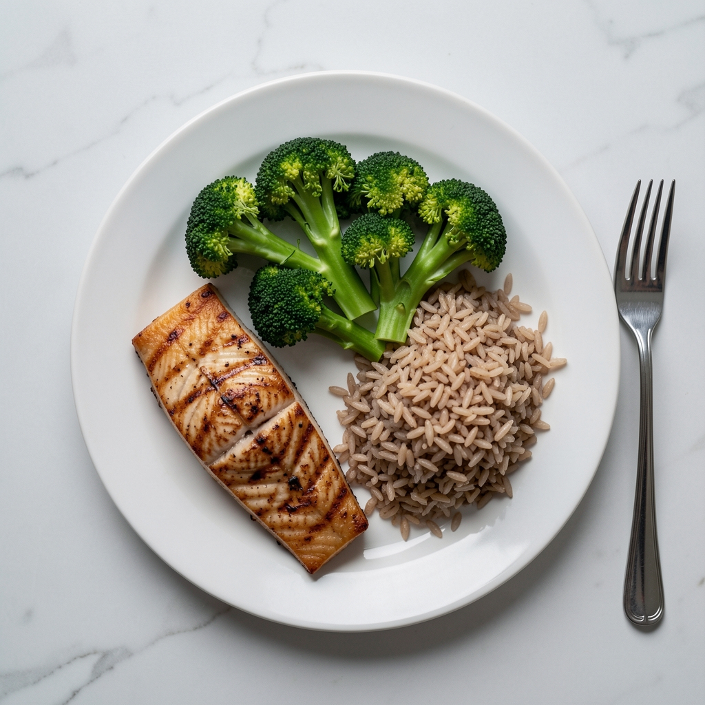 Top-down photograph of a dinner plate with divided portions of grilled fish, steamed broccoli, and brown rice with a fork resting beside it